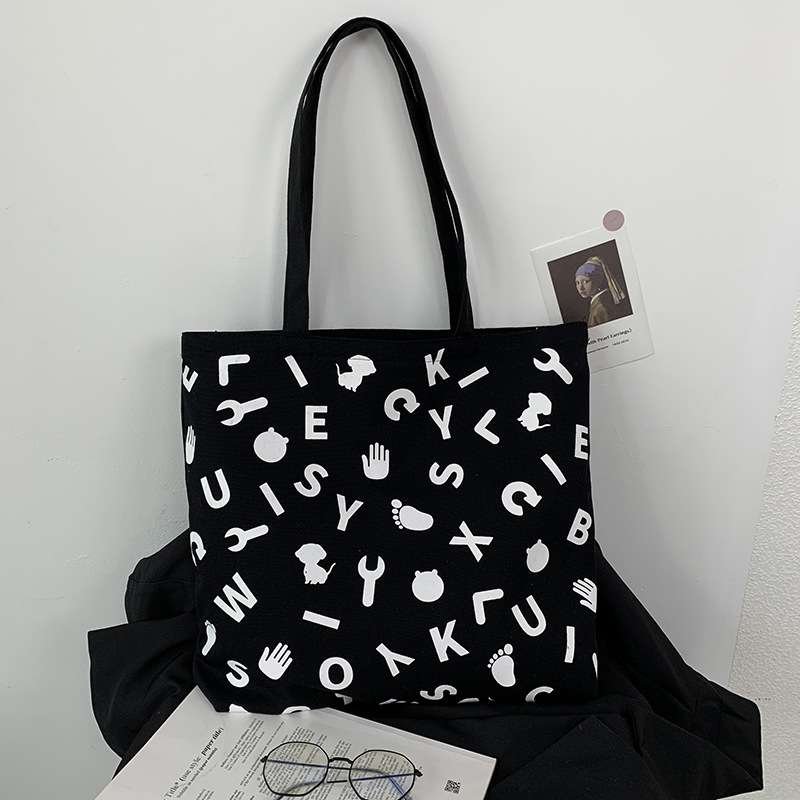 Alphabets Print Black Canvas Tote Bag